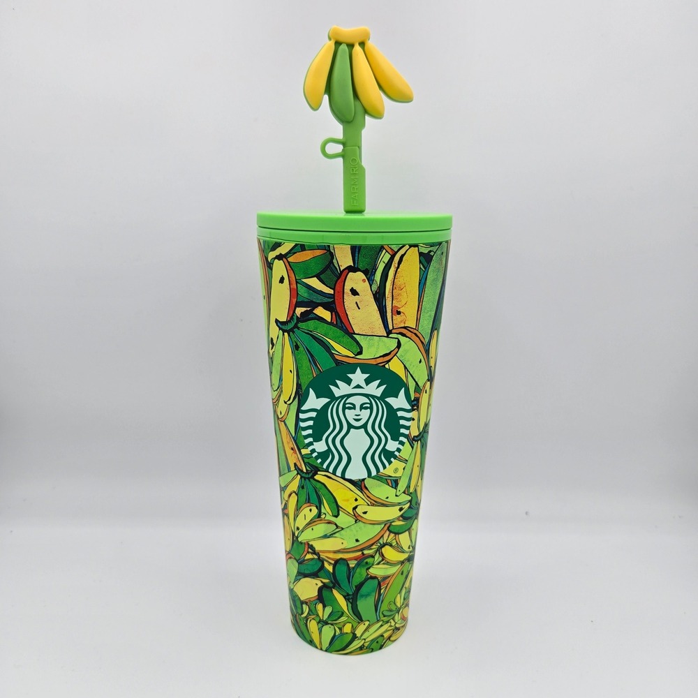 Starbucks x Farm Rio Banana Tropical‎ Green Cold Cup Tumbler 24oz Straw Topper